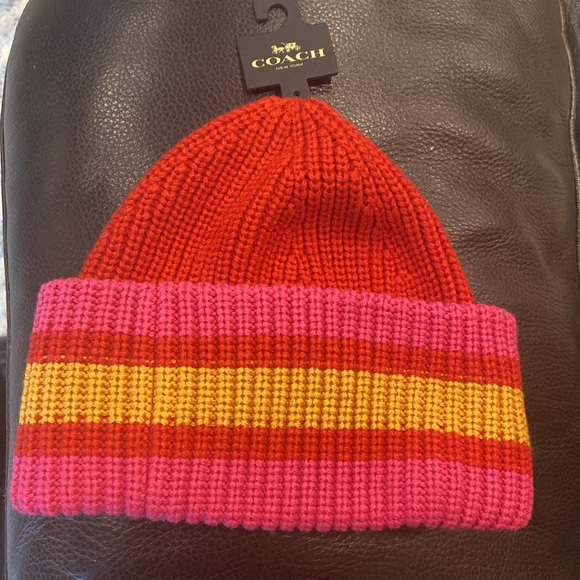 Unisex varsity wool blend Coach Pink and Orange Striped Knit beanie Hat OS - Picture 7 of 9